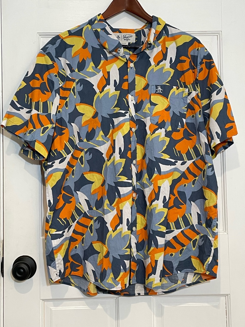 Original Penguin Munsingwear Men XXL Hawaiian Floral Button Shirt Blue Orange